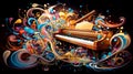 Digital illustration of piano with black background and colorful swirls and scrolls