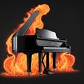 Digital illustration of piano in flames, AI generative