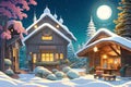 AI Generated Digital Illustration of a picturesque Christmas Village Covered With Snow and Christmas Decorations