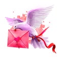 Digital illustration of pigeon bringing love letter. Flying post pigeon. Beautiful design with pink paint splashes. Happy