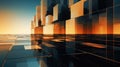 A digital illustration portrays an abstract cityscape with reflective surfaces, depicting geometric buildings at sunset