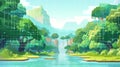 Digital Illustration of a Rainforest with Waterfall in Stylized Geometry