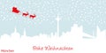 Digital illustration of a red Santa Claus in a sled over the Munchen city skyline