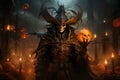 Digital Illustration of a regal pumpkin king with a crown and a glowing scepter, overseeing his pumpkin subjects in an