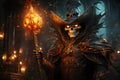 Digital Illustration of a regal pumpkin king with a crown and a glowing scepter, overseeing his pumpkin subjects in an