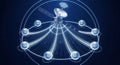 A digital illustration of a satellite dish with interconnected lines and dots on a dark blue futuristic technological background Royalty Free Stock Photo