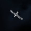 A digital illustration of a satellite in space against a starry backdrop. The satellite Royalty Free Stock Photo