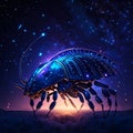 Digital illustration of a scorpion beetle in the starry sky. AI generated