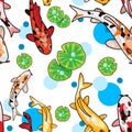 Digital illustration of seamless pattern with cartoony koi carps and lotus leaves ander water top view Royalty Free Stock Photo