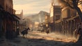 Sunny wild west town with horse riders, vintage western scene. classic american history. AI