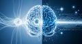 A digital illustration of a brain with neural networks and binary code on a blue background Royalty Free Stock Photo
