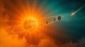 Stunning Digital Illustration of a Ringed Planet, Stars, and Nebulae with Bright Orange Light Royalty Free Stock Photo
