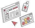Illustration of two browser windows a tag and a cursor on a white background with outlines Royalty Free Stock Photo