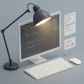 A digital illustration shows a desk setup with a computer monitor displaying colorful Royalty Free Stock Photo