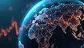 Digital illustration shows globe with financial graph overlay. Glowing continents, data points represent global markets. Dynamic Royalty Free Stock Photo
