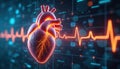 Digital illustration shows human heart with pulse wave on tech backdrop. Visualization of cardiology diagnosis, research, Royalty Free Stock Photo