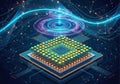 A digital illustration shows a microchip covered with variously colored glowing nodes, suggesting Royalty Free Stock Photo