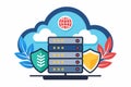 A digital illustration shows servers surrounded by security elements and a global connection in the cloud, Web hosting Royalty Free Stock Photo