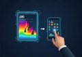 A digital illustration shows a tablet and a smartphone connected by an arrow, indicating data Royalty Free Stock Photo