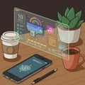 A digital illustration shows a wooden table with various objects. A Royalty Free Stock Photo