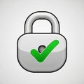A digital illustration of a silver padlock with a green check mark overlay. The lock is Royalty Free Stock Photo