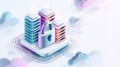 Digital illustration of skyscrapers with a large padlock symbolizing security and protection in a cloud environment Royalty Free Stock Photo