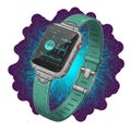 A digital illustration of a smartwatch with a rectangular face displaying various graphs Royalty Free Stock Photo