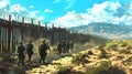 Digital Illustration of Soldiers Patrolling Near a Fence in a Desert Landscape, Evoking Adventure and Strategy. Concept