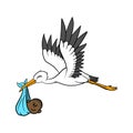 Digital illustration of a stork carrying a black male baby isolated on a white background