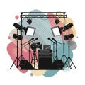 A digital illustration of a studio setup featuring multiple lighting fixtures on tripods, a Royalty Free Stock Photo