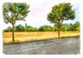 Digital illustration - suburban landscape in watercolor painting style