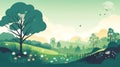 Digital illustration of summer spring nature landscape. Valley with green meadows flowers trees blue sky with white clouds.