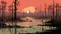 Digital Illustration Of Sunset Swamp With Trees In Flat Colors