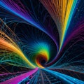 A digital illustration of swirls and lines forming a rainbow tunnel.