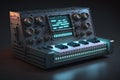 Digital illustration of a synthesizer in black background with blue lights