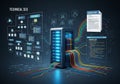 A digital illustration of technical SEO concepts. Central server with glowing blue panels connects Royalty Free Stock Photo