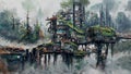 Digital illustration of a treetop village made out of scrap parts in a misty forest environment - fantasy painting