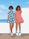 Digital illustration Two beautiful girlfriends model girls in glasses posing in dresses in nature