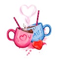 Digital illustration of two cups with hot cocoa drink. Cup design for couple: pink for her and blue for him. Heart of steam and