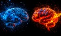 Digital illustration of two human brains in contrasting red and blue hues with network connections, representing the concept Royalty Free Stock Photo