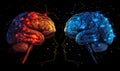 Digital illustration of two human brains in contrasting red and blue hues with network connections, representing the concept Royalty Free Stock Photo