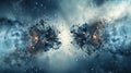 A digital illustration of two mirrored particles colliding and shattering into unequal asymmetrical pieces representing Royalty Free Stock Photo