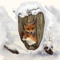Digital illustration of two red foxes peeking out from inside a snow-covered trunk