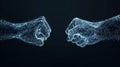 Digital illustration of two wireframe fists bumping together on a dark background, symbolizing unity, teamwork, and collaboration