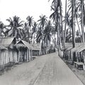 Digital illustration - The village in jungle. Traditional Filipino village pencil sketch
