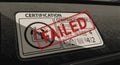 Digital illustration of a white certificate with a large red failed stamp and checkmark indicating unsuccessful certification or Royalty Free Stock Photo