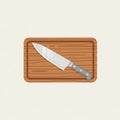 A digital illustration of a wooden cutting board with a gray-handled chef\'s knife on top. The board Royalty Free Stock Photo