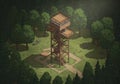 A digital illustration of a wooden watchtower surrounded by a forest. The structure is Royalty Free Stock Photo