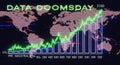 Digital illustration of world map with Data Doomsday 2100 text and CO2 emissions graph showing climate change data visualization Royalty Free Stock Photo