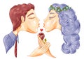 Couple from profile kissing, with flower in their hands